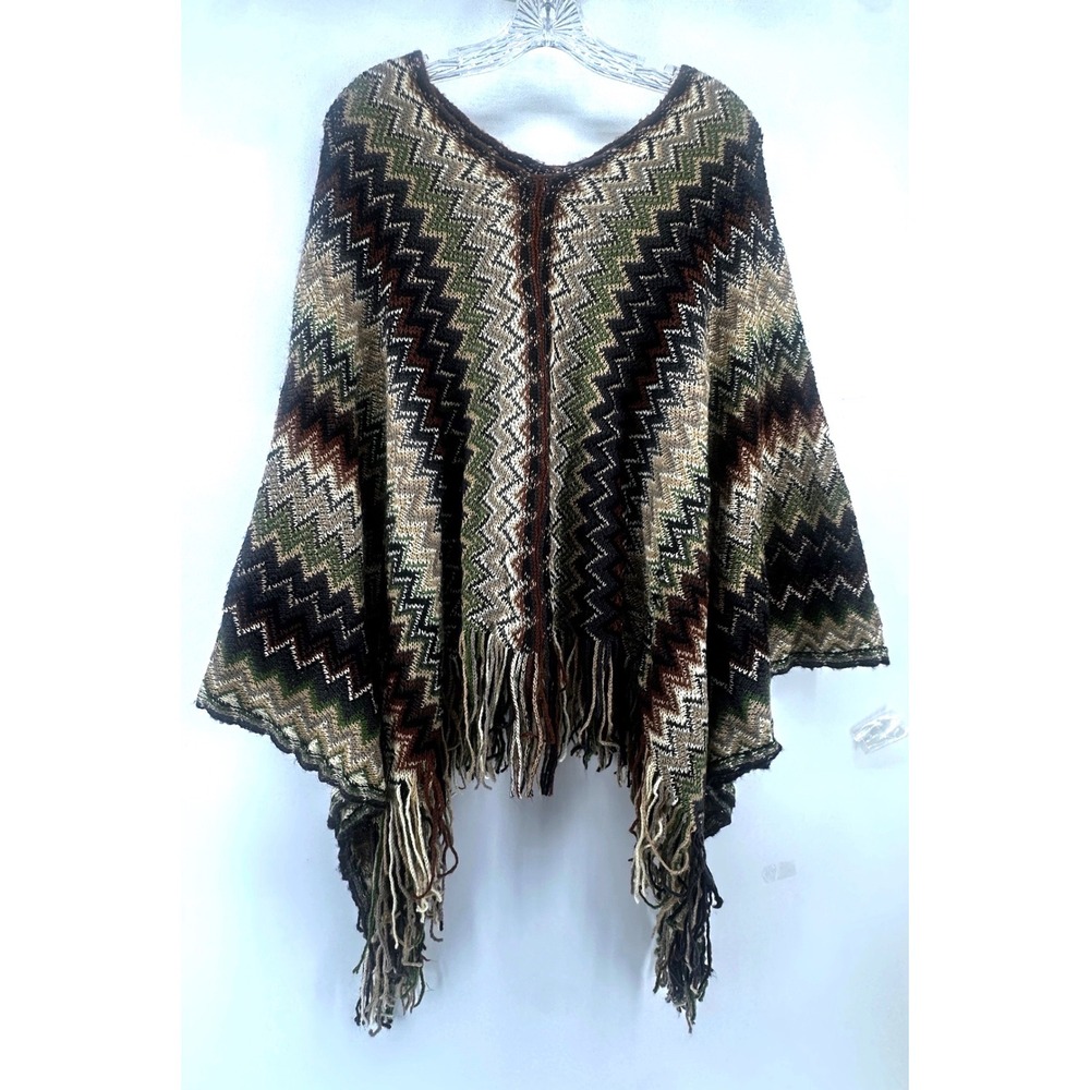 Women Multi-Color Chevron Knit Fringe Poncho Earth Tones One Size Boho Festival